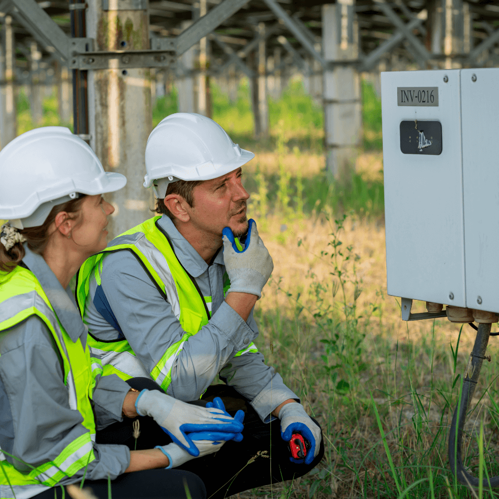 Zwei Techniker in Warnwesten und Helmen inspizieren ein elektrisches Bauteil einer PV-Anlage.